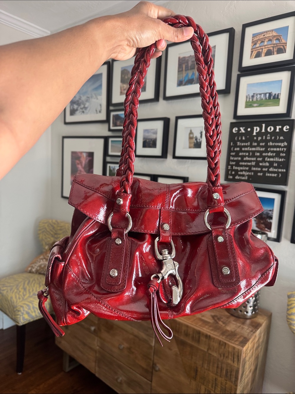 Francesco Biasia Glossy Red Patent Shoulder Bag with Braided Handles